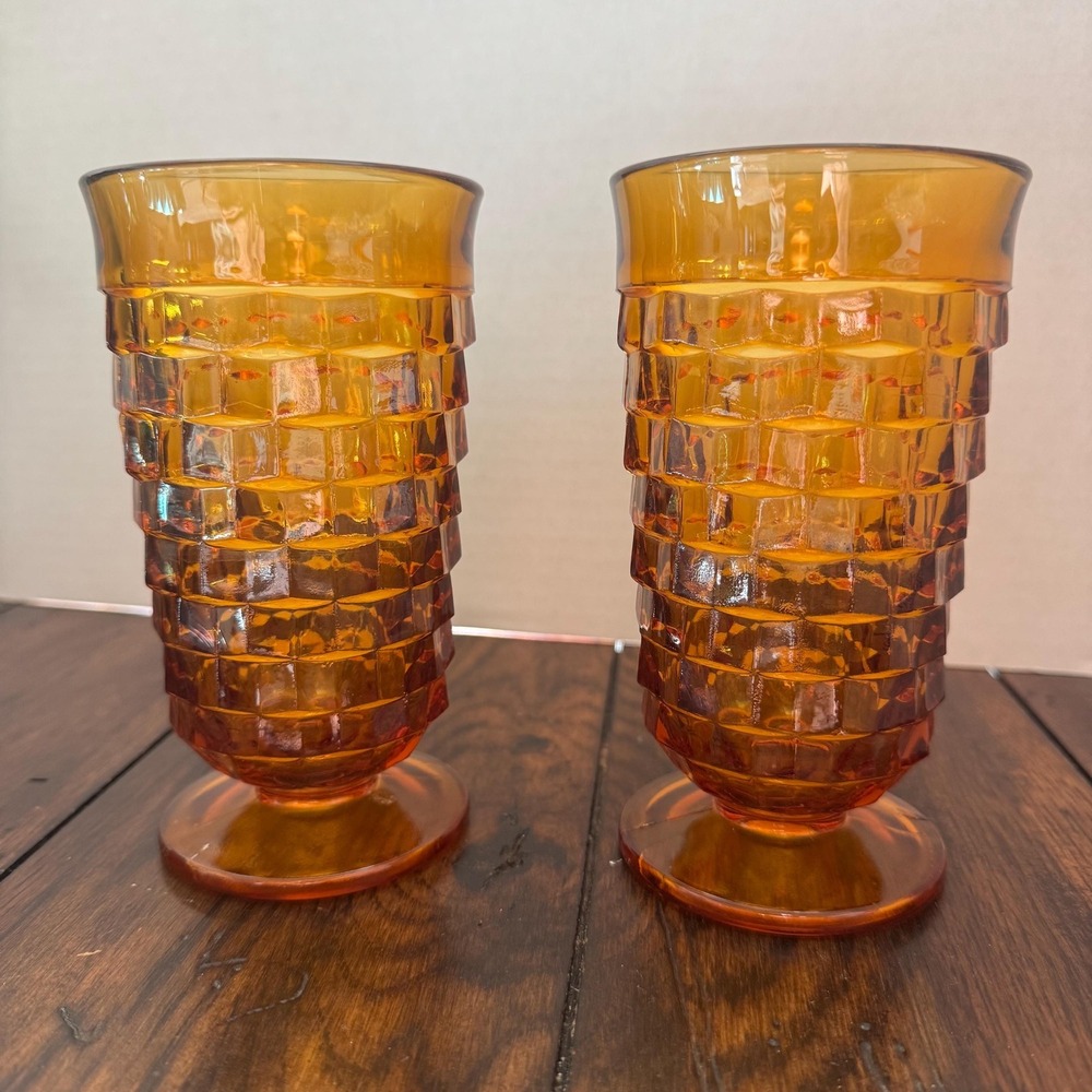 Vintage Indiana Glass Whitehall Amber Footed Tumblers Set of 2